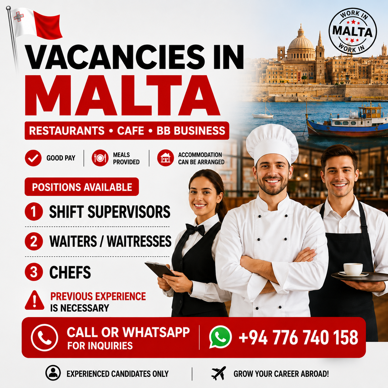 Vacancies in Malta restaurant cafe BB business advert